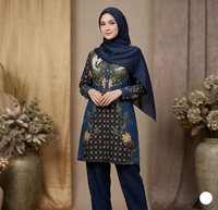 Batik Tunik | Baju Batik Wanita Lengan Panjang Motif Garuda dan Bunga - Batik Premium Biru M