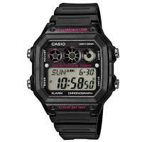 CASIO 10年電力亮眼設計方形數位錶(AE-1300WH-1A2)-黑框x桃紅錶圈/40mm