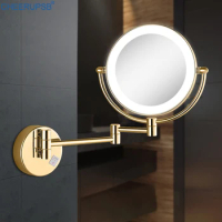 LED Light Beauty Cosmetic Mirror Bathroom 8 Inch Round Makeup Mirror Wall Mount Dual Side Reversible Folding 3X Magnifying Gold