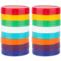 16 Pack Plastic Mason Jar Lids - Colored Mason Jar Caps 100% Compatible For Ball Kerr Wide Mason Jars (Wide Mouth)