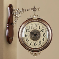 TQJ歐式純銅實木雙面掛鐘時鐘表創意掛表客廳臥室靜音壁掛鐘