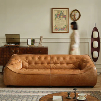 American style light luxury retro bean bag sofa, all oil wax leather, antique style living room, straight row, three person size