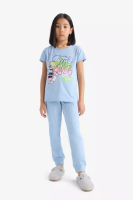 DeFacto Girl's Pajamas Set Short Sleeve Printed Top Elastic Waist Long Bottom E0539A825Sm