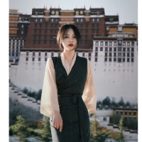 Retro Dark Green Powder Gold 2-piece Tibet Dress Summer seven-point Sleeve Dress Daily Long Skirt Woman