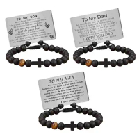 Mens Bead Bracelet with Engraved Wallet Card for Father Valentine's Day Gift