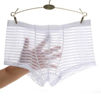 Men Boxer Shorts Panties Fashion Mesh Transparent Briefs Stripe Low Rise Underpants Sexy Men'S Underwear Man Bodysuit Trunk Pant