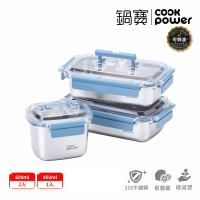 【CookPower 鍋寶】藍提系列-可微波316不鏽鋼提把保鮮盒點心3件組(450ml+600ml+600ml)
