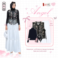 One Set Elegan Lebaran ( Jilbab + Manset + Vest Garden Brukat + Rok Susun ) Kondangan Style - CS 84