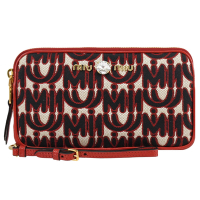 Miu Miu金屬LOGO織布水鑽裝飾拉鍊手拿包(紅邊)