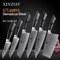XINZUO 6PCS Knife Set VG10 Damascus Steel Slicing Chef Santoku Carving Big Cleaver Meat Paring Kitchen Knife Set G10 Handle