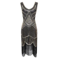Women Party Dress 1920 s Great Gatsby Flapper Vestidos Sequin Bead Fringe Dress Evening V Neck Embellished Fringed Sleeveless