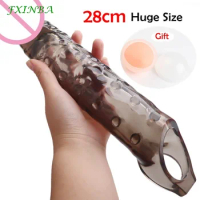 FXINBA 28cm Large Penis Extender Sleeve Realistic Delay Ejaculation Reusable Condom Sex Toys For Men Penis Sleeve Extention