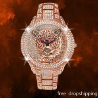 Rose Gold Relogio Masculino Luxury Ice Out Diamond Watch Men Hip Hop Quartz Mens Watches Droshipping Cool Tiger Dial Male Clock