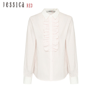 JESSICA RED - 清新雅致木耳邊氣質條紋棉質襯衫824139（粉）