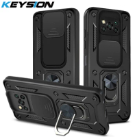 KEYSION Shockproof Armor Case for Xiaomi POCO X3 NFC Ring Stand Push Pull Camera Protection Phone Cover for POCO X3 Pro M3 Pro