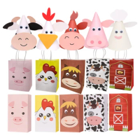 1set Carton Farm Animal Gift Bags Paper Candy Biscuit Bag for Kids Farmland Animal Birthday Party Gifts Packaging Supplies