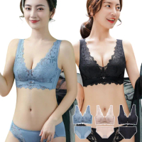 【Mevels 瑪薇絲】3套組 聚攏蕾絲包覆內衣褲/成套/無鋼圈/聚攏(美胸/舒適/包覆 M-XL)