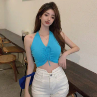 Y2k Black Halter Top Women's Korean Solid Color V Neck Halter Slim Sexy Exposed Navel Knitted Camisole Crop Top