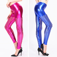 Women Sexy Hollow Out Pants Fish Scale Slim Fit Wetlook Ruffle Skinny Stretch Tight Pants Retro 70s Disco Stage Club Trousers