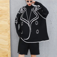 XITAO Knitted Sweater Goddess Fan White Black 2021 Autumn Geometrical Pattern Print Sweater WMD4018