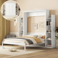 Multi-function Queen Size Murphy Bed Wall Bed with Shelves,Practical Design The LED lights on the top，White