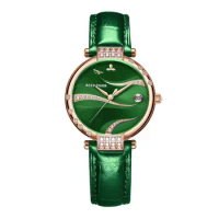 New Reef Tiger/RT Designer Diamond Luxury Women Rose Gold Watch Green Dial Waterproof Genuine Leather Strap Automatic RGA1589