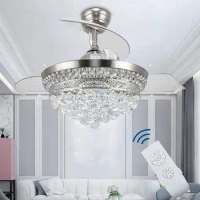 Crystal Chandelier Fandelier Chrome Ceiling Fan 42 Inch 3 Change LED Light Color Ceiling Fan Light for Indoor Living Dining Room