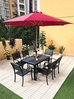 戶外桌椅帶傘組合庭院休閑咖啡廳擺攤花園中柱遮陽傘塑木桌椅