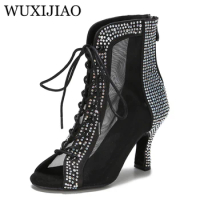 High end diamond inlaid dance boots mesh high top dance shoes women's breathable cool boots indoor Latin social ball dance shoes