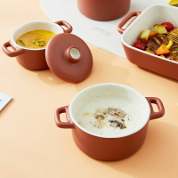 【特價清倉】創意陶瓷雙耳烤碗家用廚房兒童帶蓋蒸蛋碗美式耐高溫