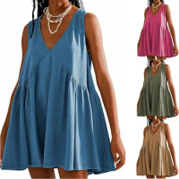 2024 European and American Cross Border Women's Clothing Amazon Shein V-neck Sleeveless Pleated Tank Top Pocket Dress
