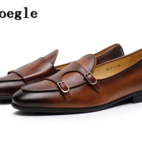 SHOOEGLE Fashion Real Leather Vintage Style Men Casual Shoes Double Monk Strap Buckle Loafers Wedding High Quality Dress Shoes