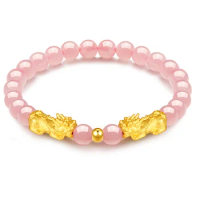 24k pure gold charms bracelet 999 real gold pixiu bracelet 6mm pink beads hand string