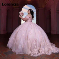 Lorencia Mexican Pink Shiny Charro Quinceanera Dress Beading Lace Flower Beads Corset Sweet 16 Dress Vestidos De 15 Años YQD582