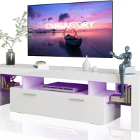Clikuutory Modern LED 63 inch TV Stand with Large Storage Drawer for 40 50 55 60 65 70 75 Inch TVs, White Wood TV Console