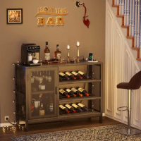 Wine Bar Cabinet with Power Outlets, Industrial Bar Cabinets for Liquor and Glasses, Mini Bar Liquor with Removable Wine Racks