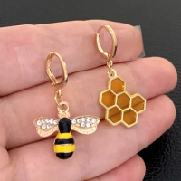 Bee Earrings with Yellow Honey Comb Mismatch Earrings Bee Honeycomb Enamel Metal Earrings Handmade Drop Dangle Earrings