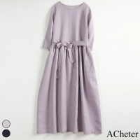 【ACheter】棉麻連身裙腰帶收腰大擺圓領七分袖棉麻長版洋裝#116475(2色)