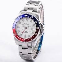 BLIGER 43mm Titanium Bezel steel watch casing white dial steel strap Red GMT sapphire automatic Date Day men's watches