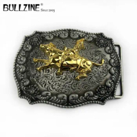 The Bullzine western rodeo belt buckle with pewter &amp; gold finish FP-03626 for 4cm width snap on belt