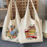 Floral Books Printed Shoulder Bag Literature Book Flower Tote Bags Illustration Girls Book Bag Travel Harajuku Canvas Handbag