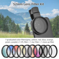 52mm Phone Lens Filter Kit 7 Colors Filters+CPL+Star Filter+Close Up Filter+Clip for i Phone 15/14/13/12/11 for Canon Nikon Sony