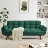 Modern Convertible Tufted Linen Upholstered Futon Nordic Sofa Bed With 2 Pillows, Padded Loveseat Loft Bed Salon Furniture