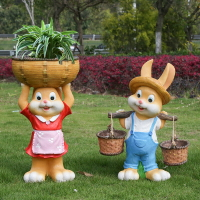免運戶外擺件花園造景 花園裝飾 庭院創意戶外園藝擺件花缸動物工藝品卡通兔子裝飾擺件
