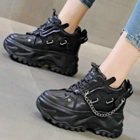 Thick Sole Fashion Sneaker Women's Cow Leather Round Toe Platform Wedge Ankle Boots Buckle Chain Creeper Casual Shoe