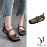 【Vecchio】真皮娃娃鞋 低跟娃娃鞋/全真皮羊皮藝術風色塊拼接低跟釦帶娃娃鞋(綠)