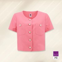【ILEY 伊蕾】復古粉色珍珠排釦短版棉質外套(桃色；M-XL；1222034040)