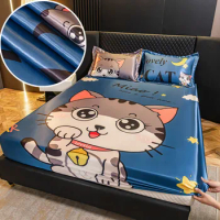 Summer Bedsheet and Pillowcase Cartoon Style Fitted Sheet Set Smooth Bed Cover Queen Size Bed Linen Silky Mattress Cover sabanas
