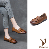 【Vecchio】真皮樂福鞋 低跟樂福鞋/全真皮頭層牛皮簡約翻摺寬楦低跟樂福鞋(棕)