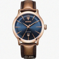 【MASERATI 瑪莎拉蒂】MASERATI手錶型號R8851118001(寶藍色錶面玫瑰金錶殼咖啡色真皮皮革錶帶款)